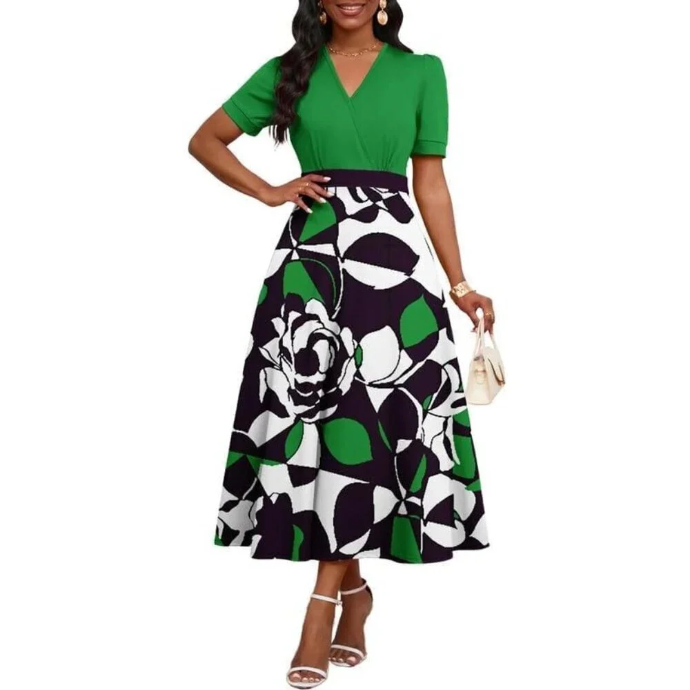 Women's V Neck Midi Dress Polyester Elastane A-Line Short Sleeve Elegant
